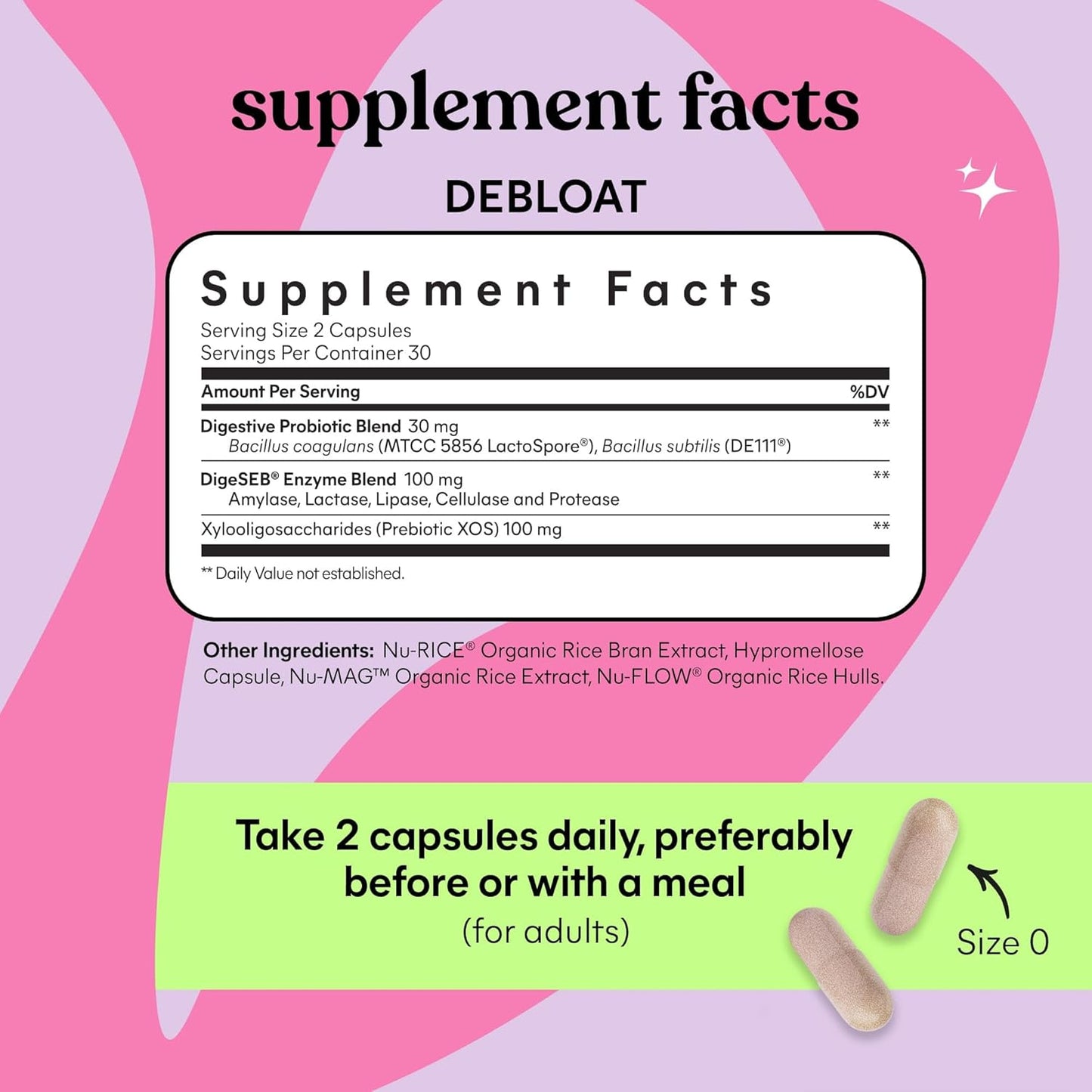 Debloat 3-in-1 Prebiotic, Probiotic & Enzyme Capsules for Bloating & Gas Relief - 2 Probiotics w/5 Enzymes, Improve Digestion - Vegan, 60 ct