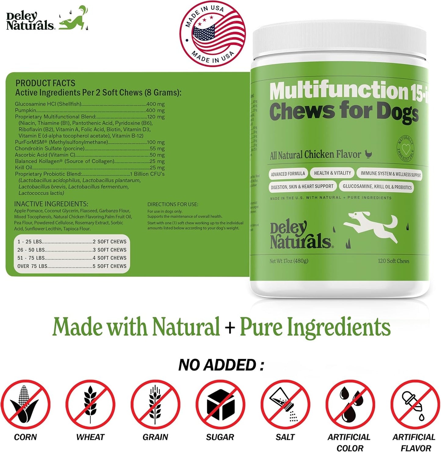 Deley Naturals Dog Multivitamins Chewable - Comprehensive 15-in-1 Formula for Immune Health, Skin, Joints, Digestion - USA Made Dog Vitamins for All Ages