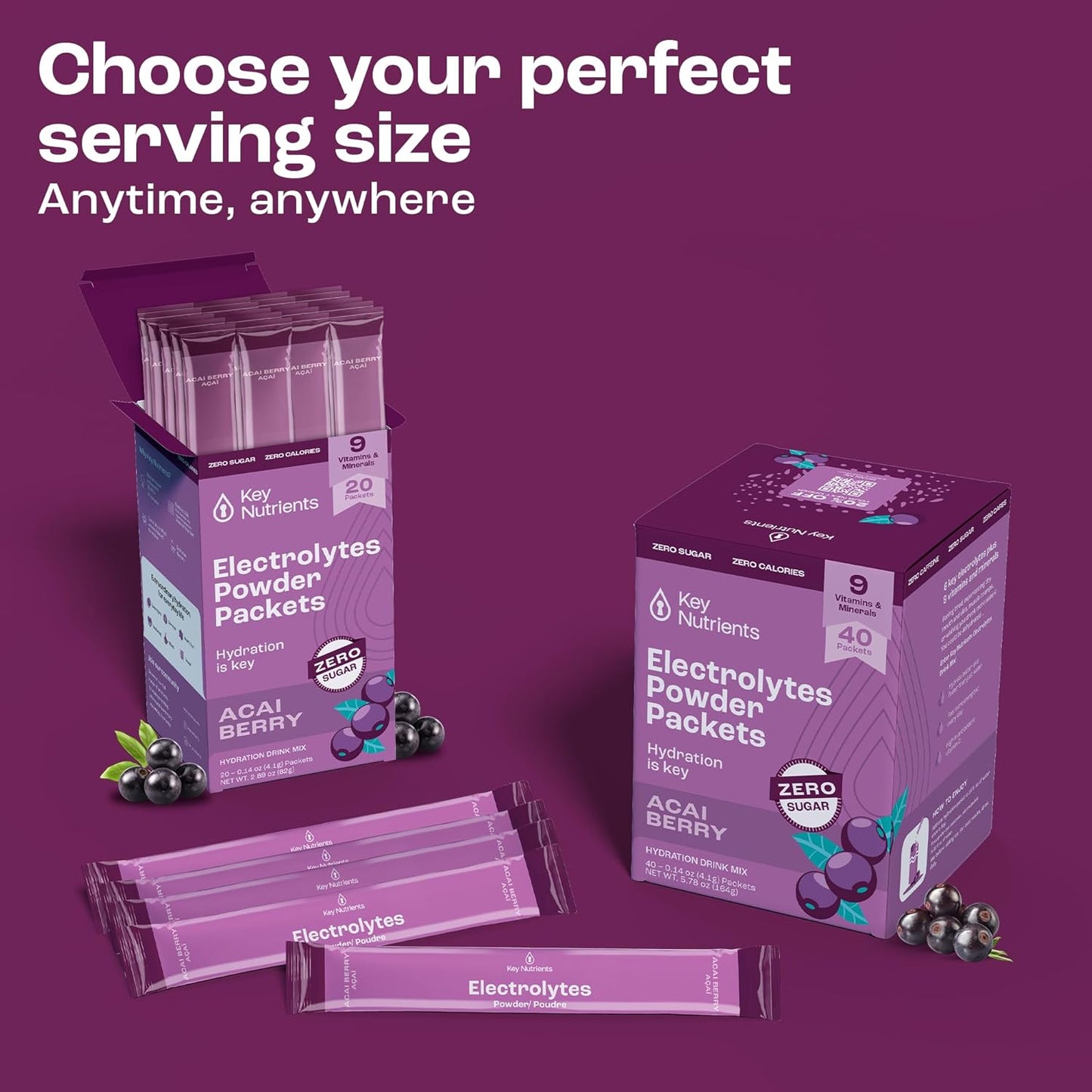 Delicious Acai Berry Electrolyte Powder Packets - 20 Pack Hydration Travel Pack - Sugar-Free, Calorie-Free, Gluten-Free - Made in USA