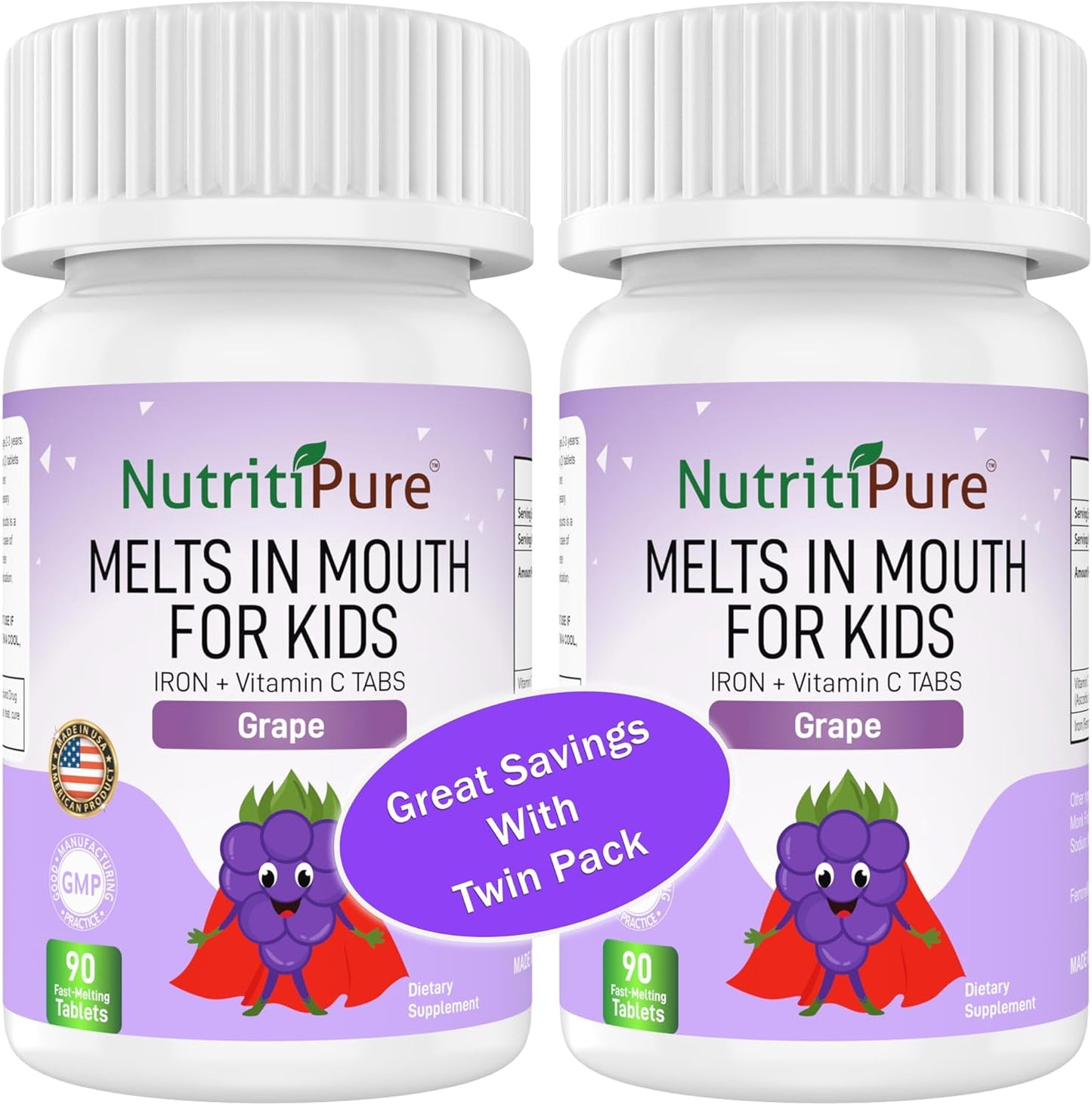 Delicious Grape Flavored NutritiPure Chewable Iron Supplements for Kids with Vitamin C - 90 Count (2 Bottles)