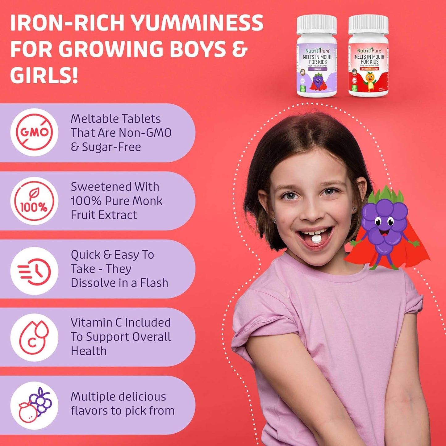 Delicious Grape Flavored NutritiPure Chewable Iron Supplements for Kids with Vitamin C - 90 Count (2 Bottles)