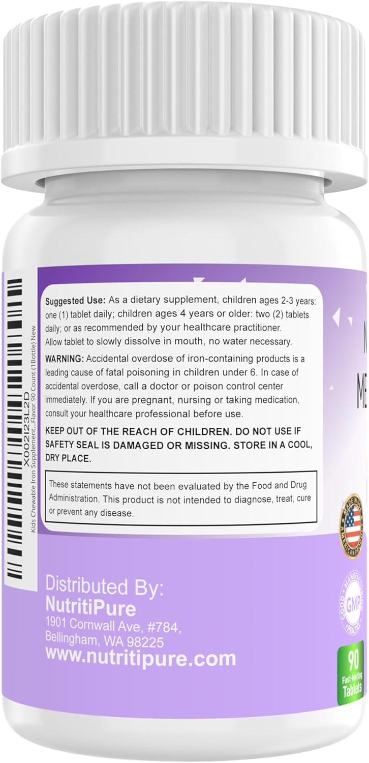 Delicious Grape Flavored NutritiPure Chewable Iron Supplements for Kids with Vitamin C - 90 Count (2 Bottles)