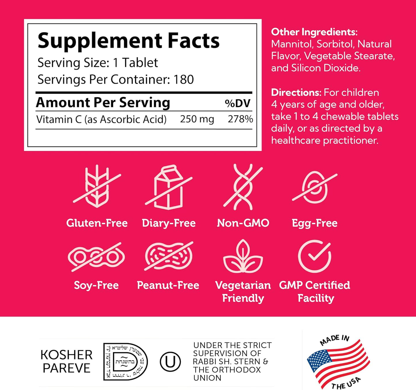 Delicious Orange Flavored Chewable Vitamin C for Kids - Immune Support and Antioxidant - Kosher and Easy to Take - 180 Count