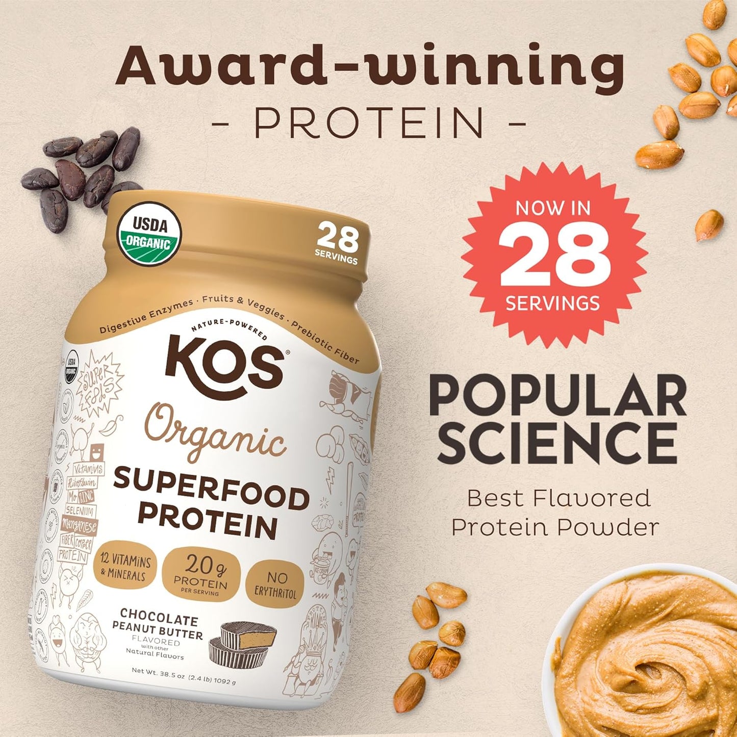 Delicious Vegan Chocolate Peanut Butter Protein Powder - KOS Organic Plant Based Meal Replacement - Keto, Gluten, Dairy, Soy Free - 2.4 lbs, 28 Servings