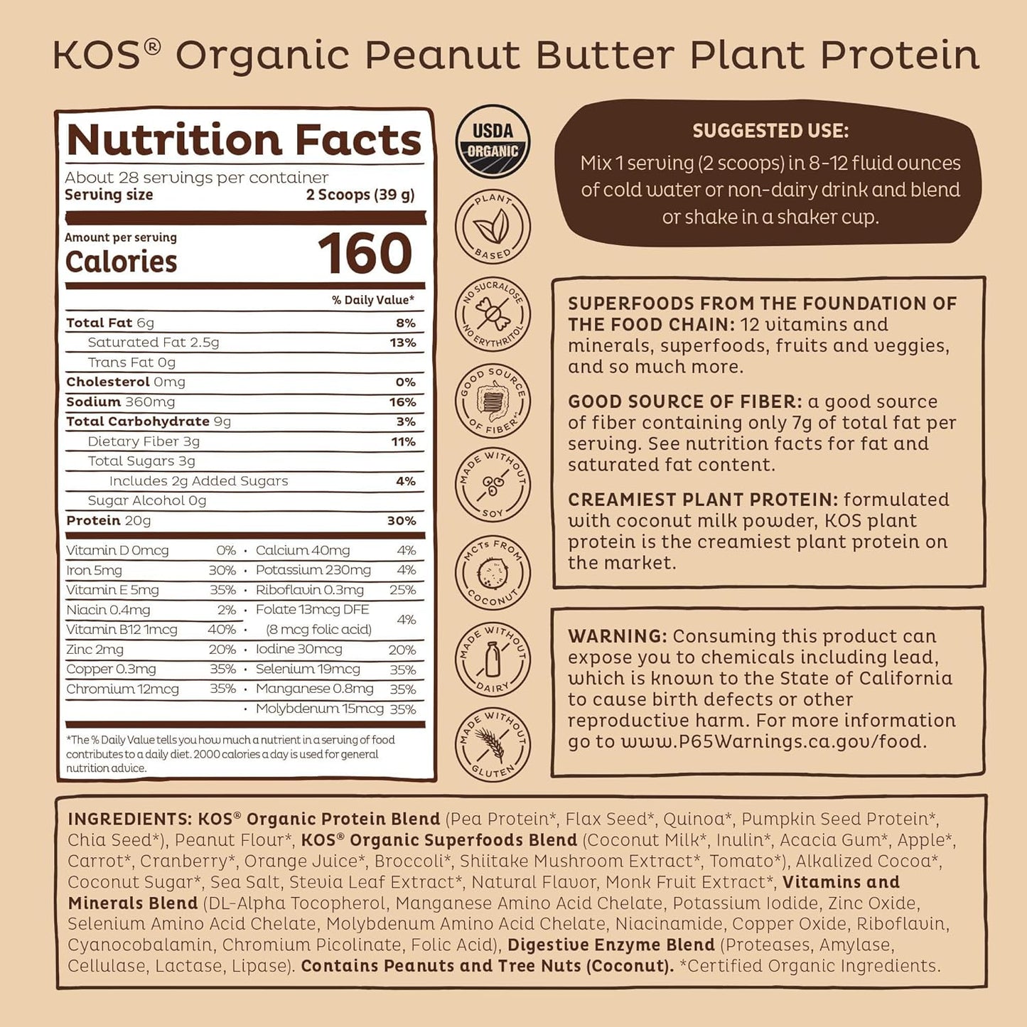 Delicious Vegan Chocolate Peanut Butter Protein Powder - KOS Organic Plant Based Meal Replacement - Keto, Gluten, Dairy, Soy Free - 2.4 lbs, 28 Servings