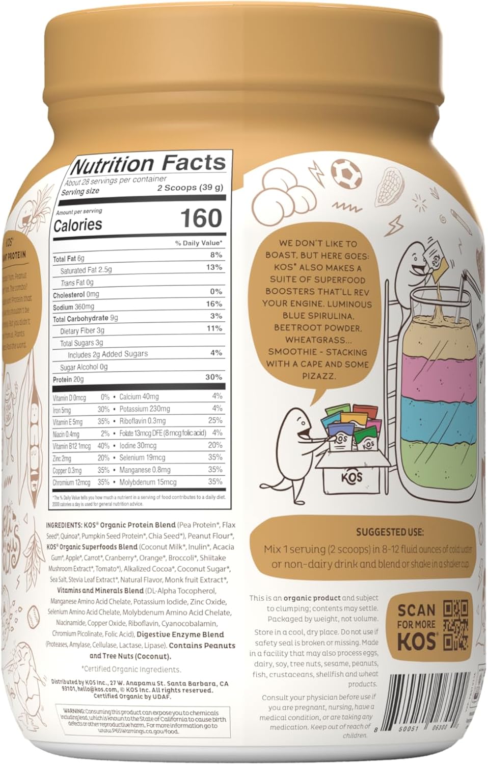 Delicious Vegan Chocolate Peanut Butter Protein Powder - KOS Organic Plant Based Meal Replacement - Keto, Gluten, Dairy, Soy Free - 2.4 lbs, 28 Servings