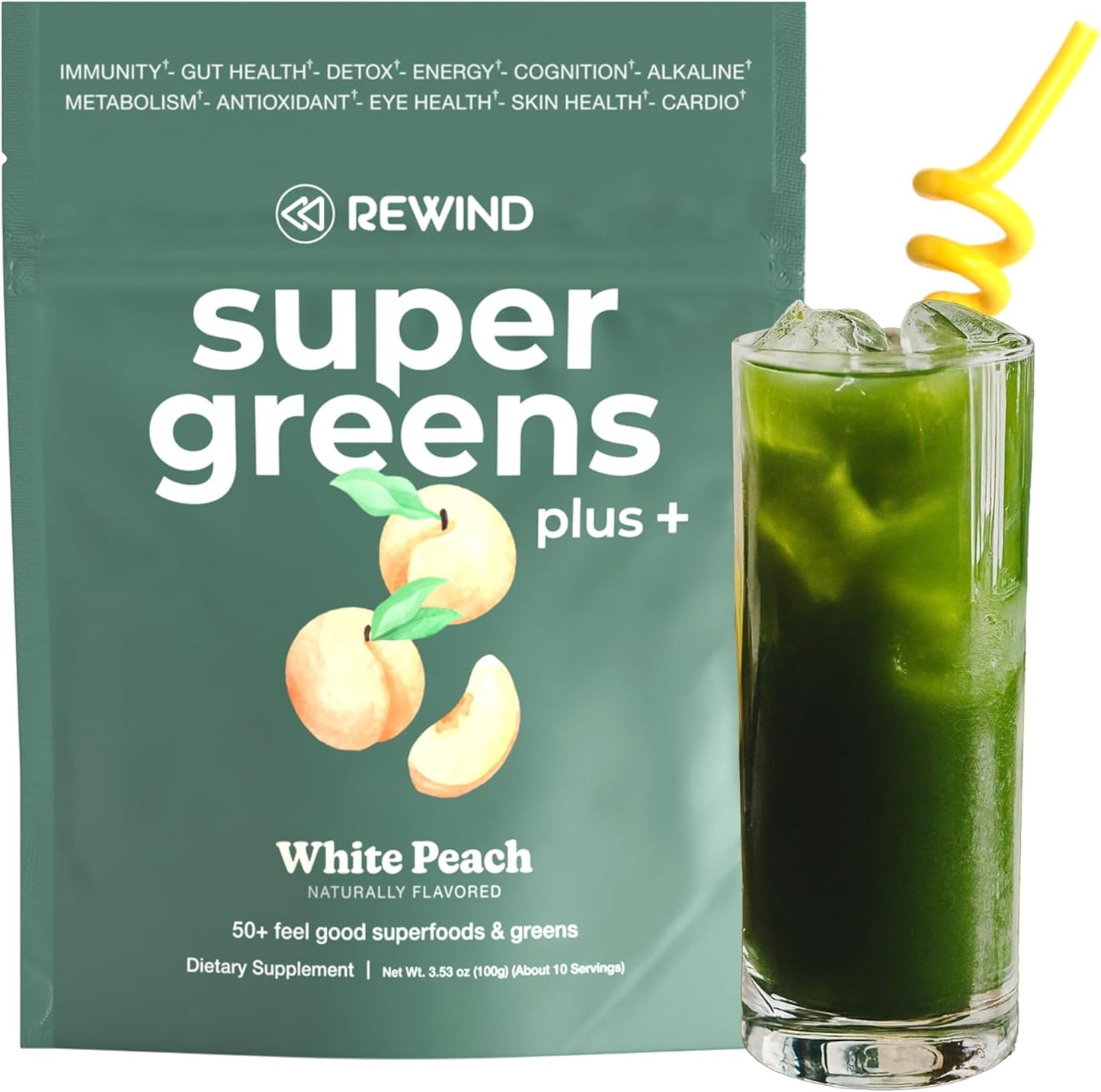 Delicious White Peach Super Greens Powder with Over 50 Superfoods - 10 Servings for Whole Family