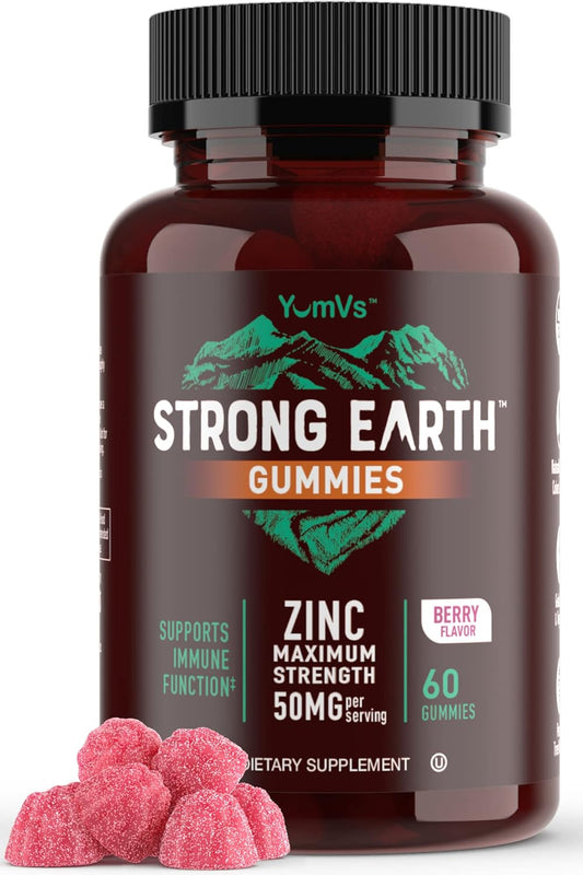 Delicious YUM-V'S Strong Earth 50mg Zinc Gummies - Immune Support for Kids & Adults - Natural Flavor Antioxidant Supplement - 60 Count Chewable Zinc Gummy - Gluten-Free, Non GMO, Vegan