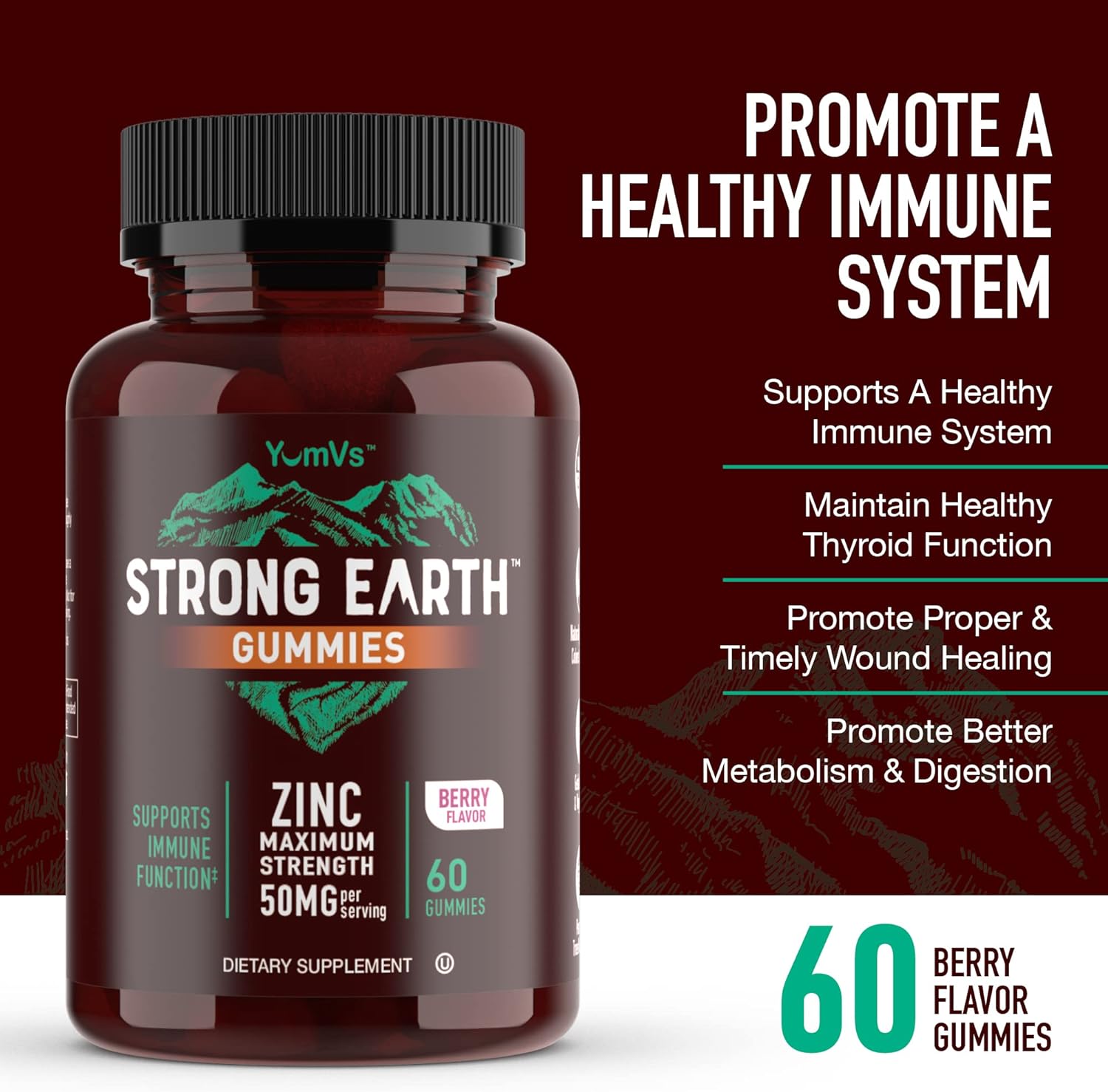 Delicious YUM-V'S Strong Earth 50mg Zinc Gummies - Immune Support for Kids & Adults - Natural Flavor Antioxidant Supplement - 60 Count Chewable Zinc Gummy - Gluten-Free, Non GMO, Vegan