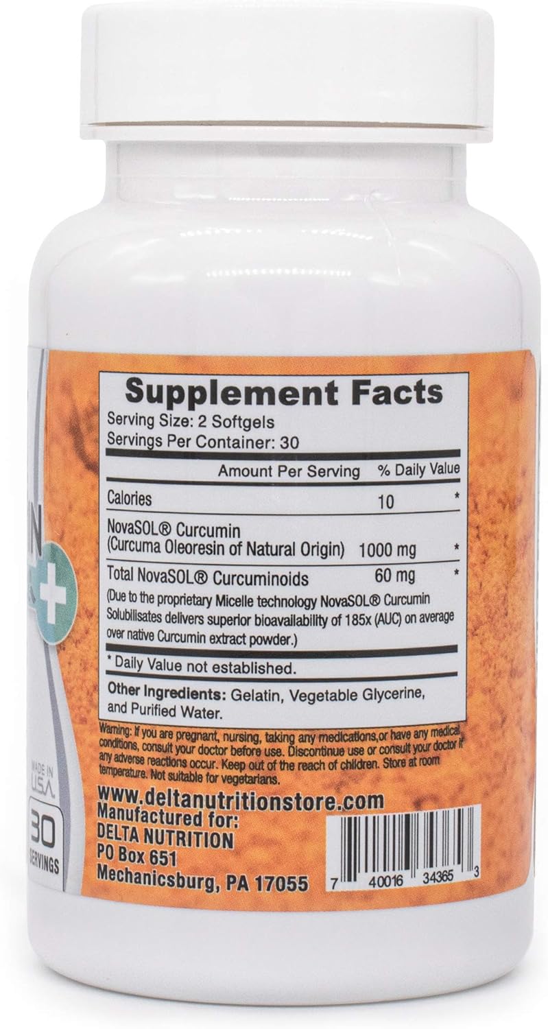 Delta Nutrition Curcumin+ Liquid Micelle Technology - 185x More Bioavailable Than Standard Curcumin - 60mg per Serving