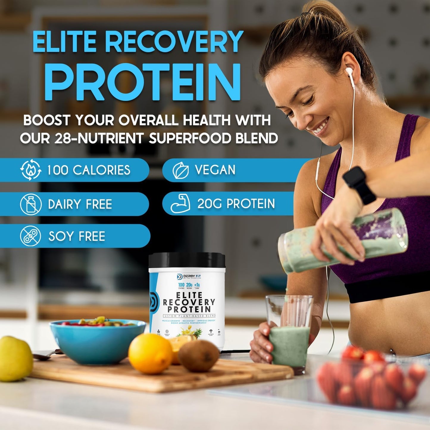 Derby Fit Elite Recovery Protein Powder Pineapple Delight - Clean Low Carb Formula for Women & Men - Gluten Free, Vegan, Dairy Free - 20 Servings