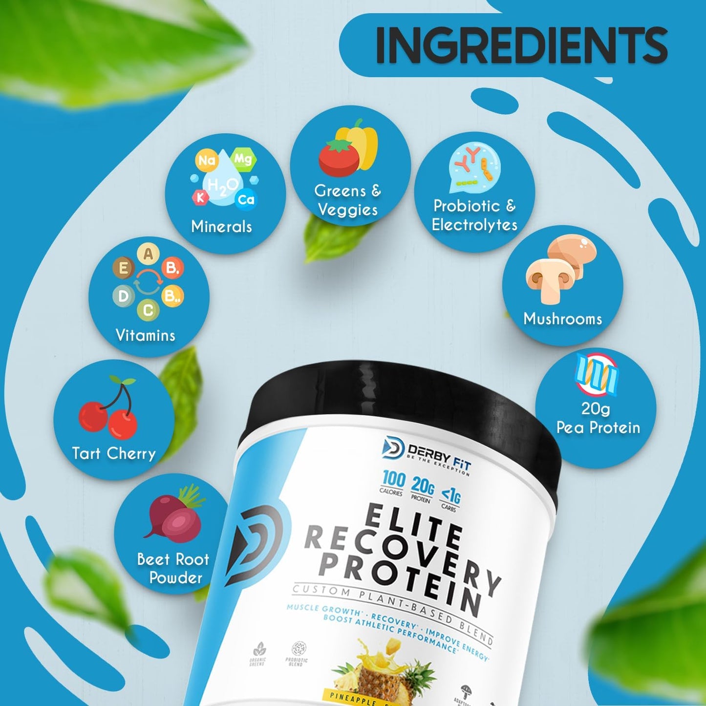 Derby Fit Elite Recovery Protein Powder Pineapple Delight - Clean Low Carb Formula for Women & Men - Gluten Free, Vegan, Dairy Free - 20 Servings