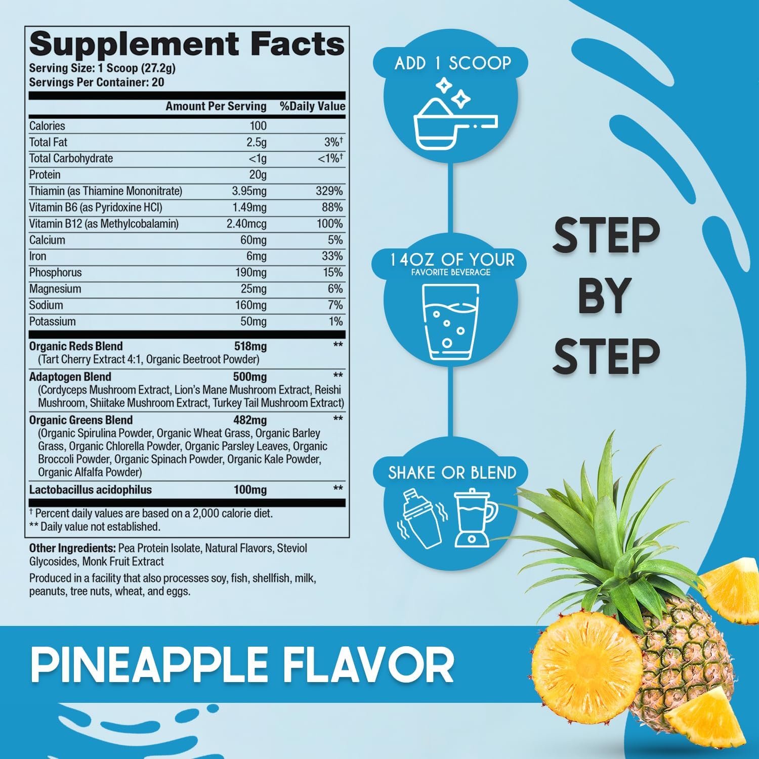 Derby Fit Elite Recovery Protein Powder Pineapple Delight - Clean Low Carb Formula for Women & Men - Gluten Free, Vegan, Dairy Free - 20 Servings