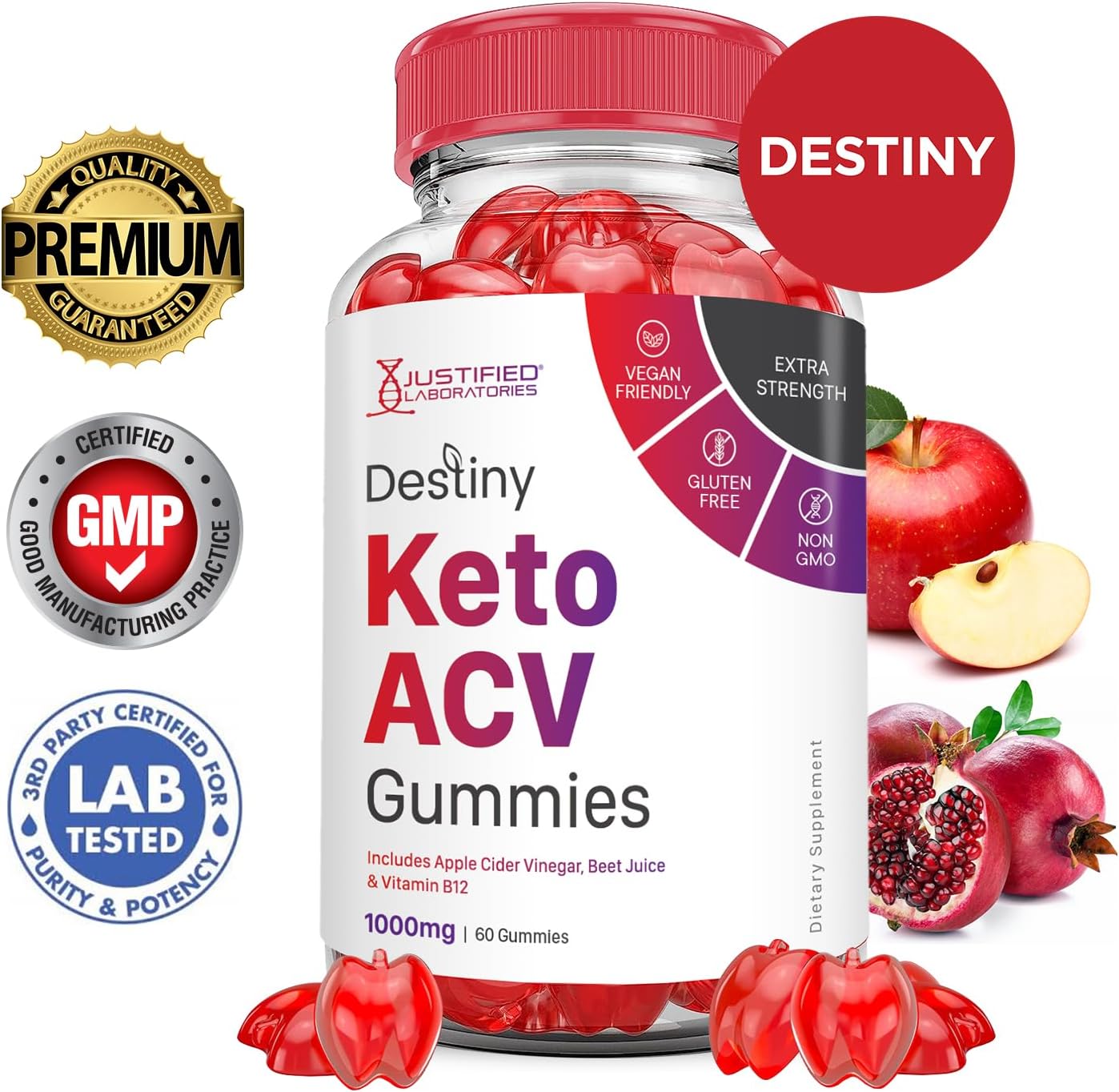 Destiny Keto ACV Gummies (5 Pack) | Advanced Formula 1000MG | Apple Cider Vinegar with Pomegranate & B12 | Vegan & Non GMO | 300 Gummies