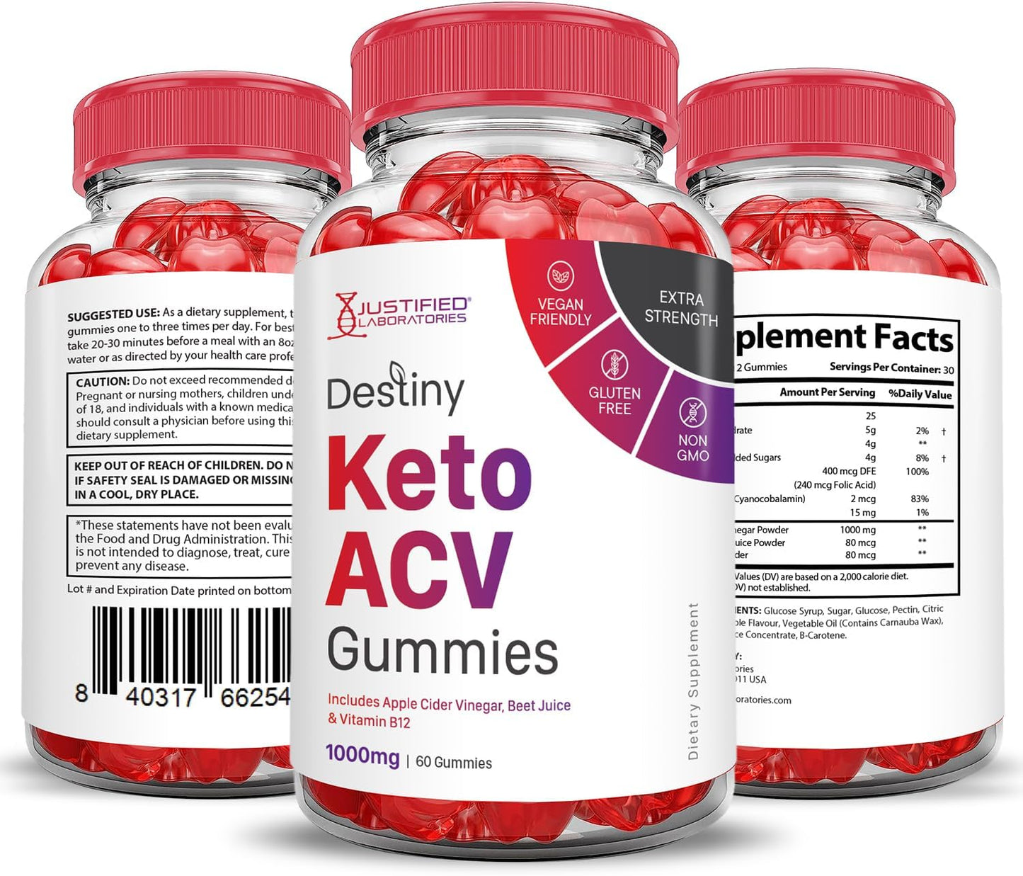 Destiny Keto ACV Gummies (5 Pack) | Advanced Formula 1000MG | Apple Cider Vinegar with Pomegranate & B12 | Vegan & Non GMO | 300 Gummies