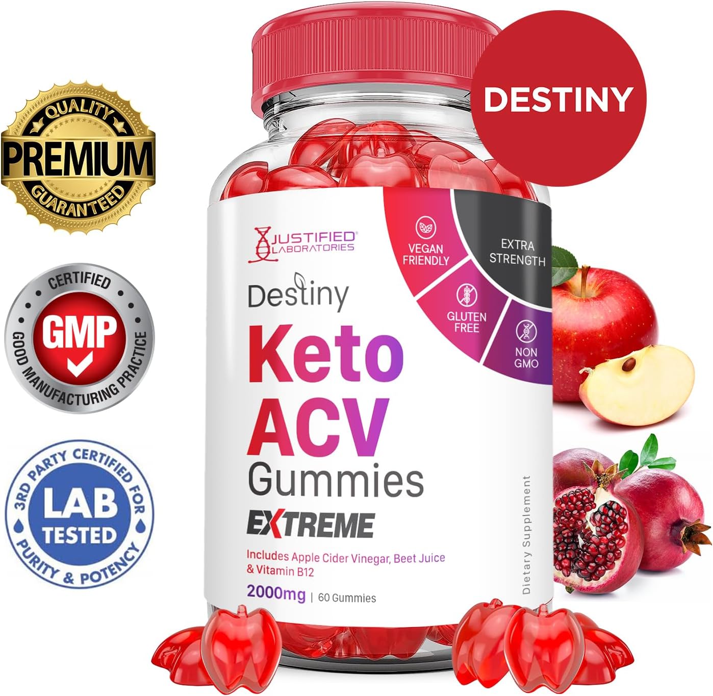 Destiny Keto ACV Gummies Extreme 2000MG - Advanced Formula with Pomegranate Beet Juice Powder - 60 Gummies