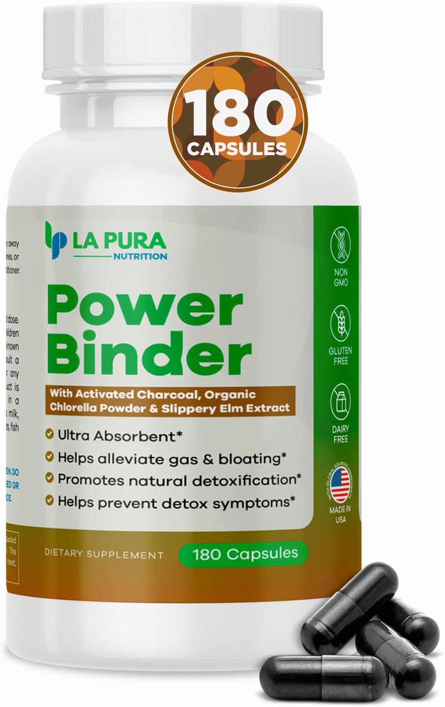Detox & Cleanse Power Binder Blend with Activated Charcoal, Chlorella & Slippery Elm - Alleviates Gas & Bloating - Natural Detox - 180 Capsules