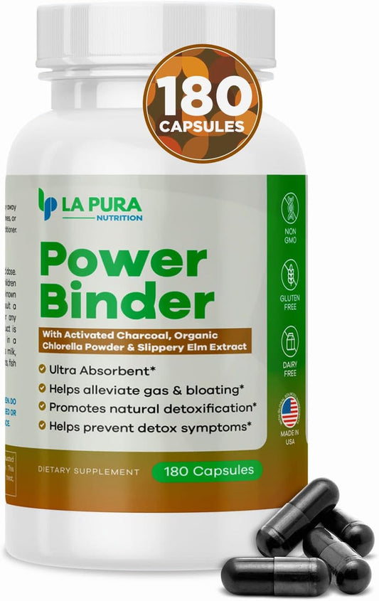 Detox & Cleanse Power Binder Blend with Activated Charcoal, Chlorella & Slippery Elm - Alleviates Gas & Bloating - Natural Detox - 180 Capsules