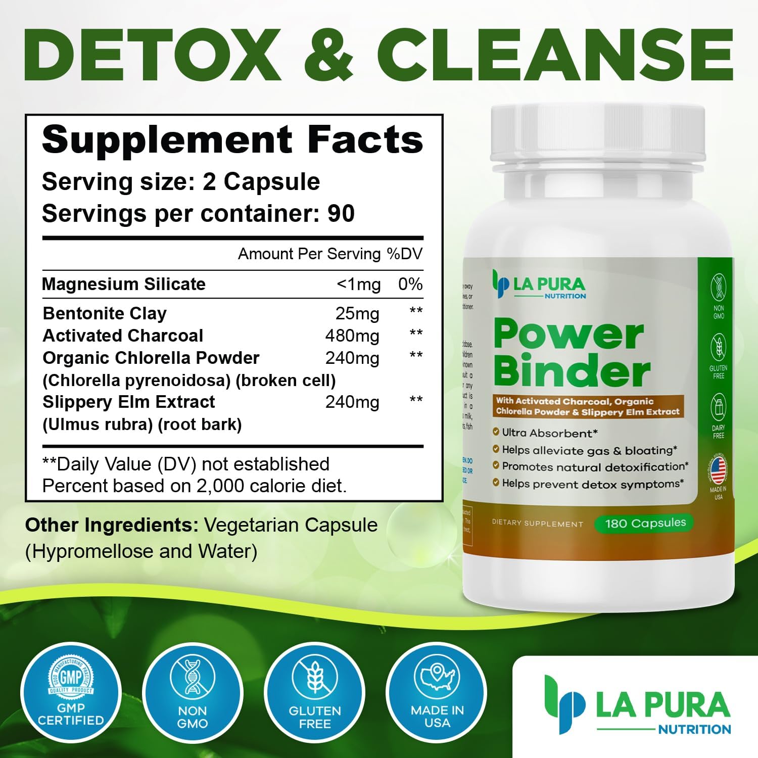 Detox & Cleanse Power Binder Blend with Activated Charcoal, Chlorella & Slippery Elm - Alleviates Gas & Bloating - Natural Detox - 180 Capsules
