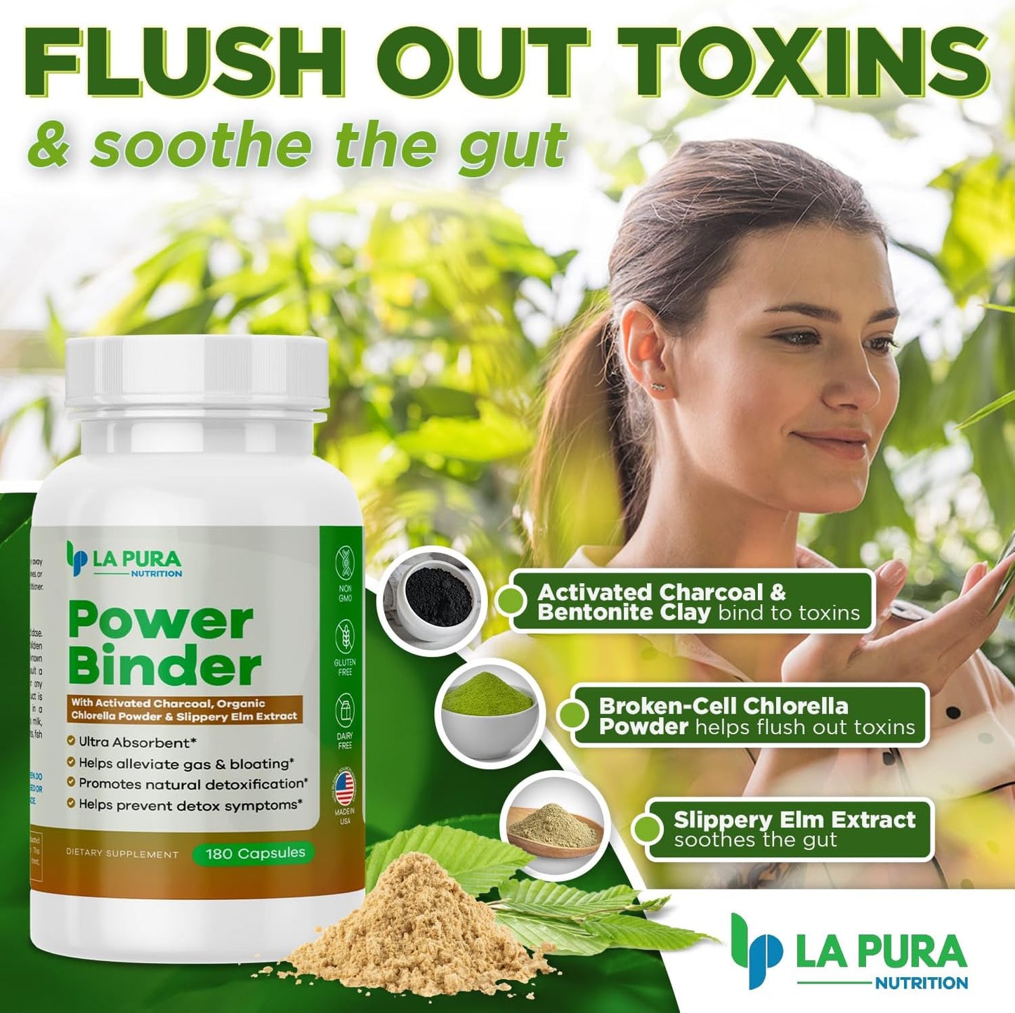 Detox & Cleanse Power Binder Blend with Activated Charcoal, Chlorella & Slippery Elm - Alleviates Gas & Bloating - Natural Detox - 180 Capsules