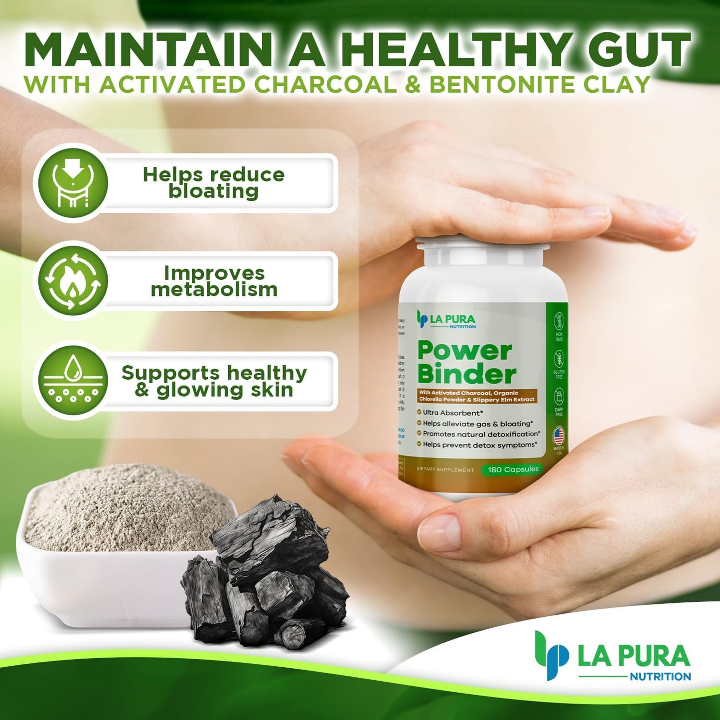 Detox & Cleanse Power Binder Blend with Activated Charcoal, Chlorella & Slippery Elm - Alleviates Gas & Bloating - Natural Detox - 180 Capsules
