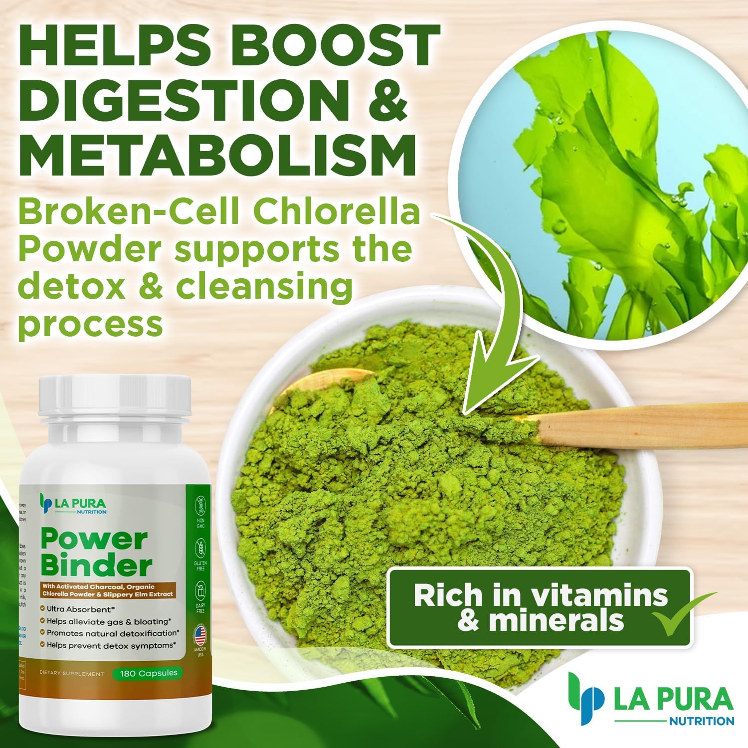 Detox & Cleanse Power Binder Blend with Activated Charcoal, Chlorella & Slippery Elm - Alleviates Gas & Bloating - Natural Detox - 180 Capsules