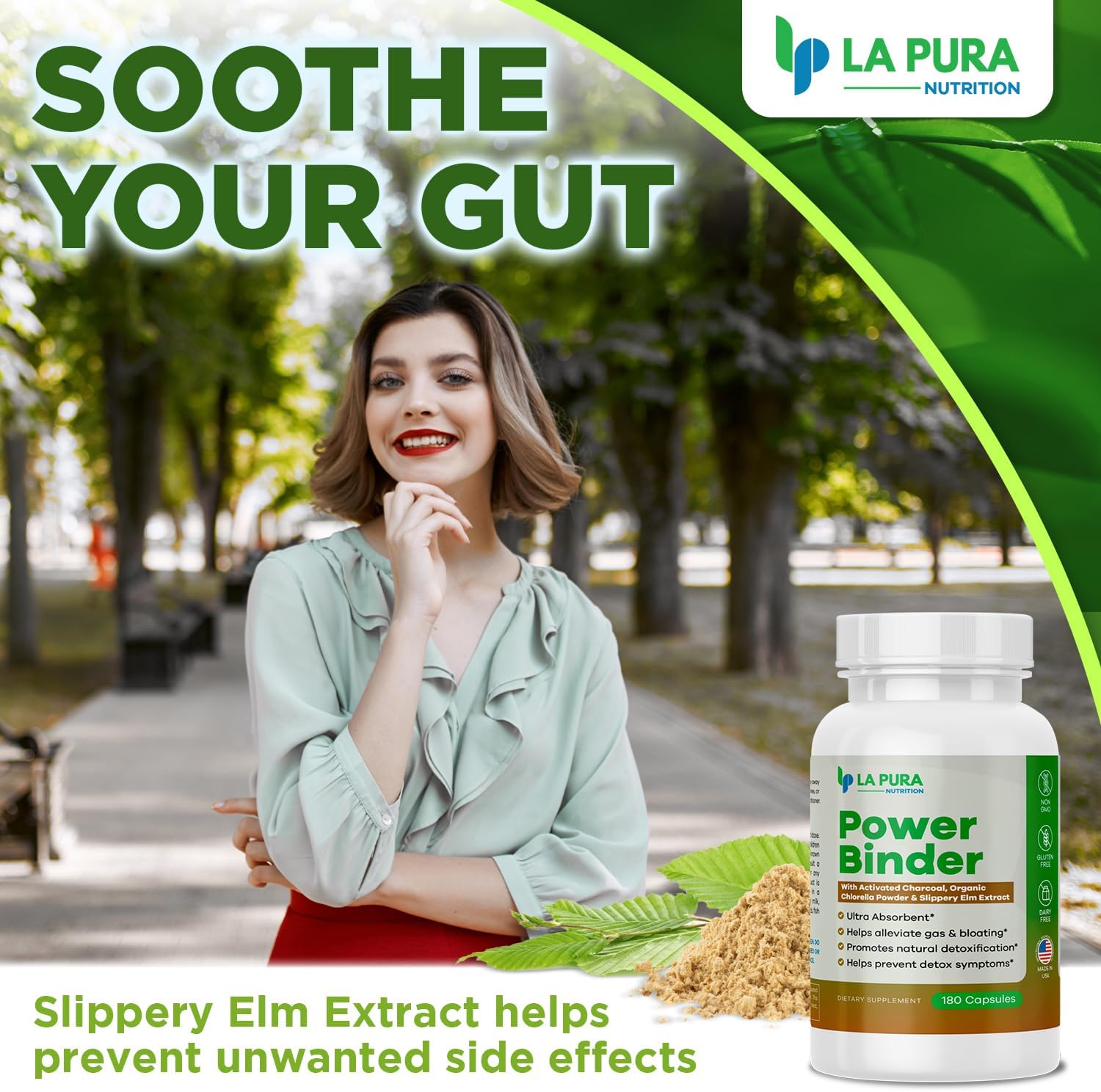 Detox & Cleanse Power Binder Blend with Activated Charcoal, Chlorella & Slippery Elm - Alleviates Gas & Bloating - Natural Detox - 180 Capsules