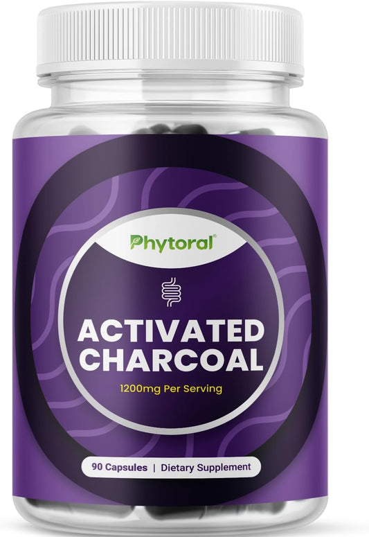 Detox & Cleanse with Phytoral Pure Activated Charcoal Pills - Coconut Capsules for Bloating Relief - 90 Count - 1200 mg Per Serving