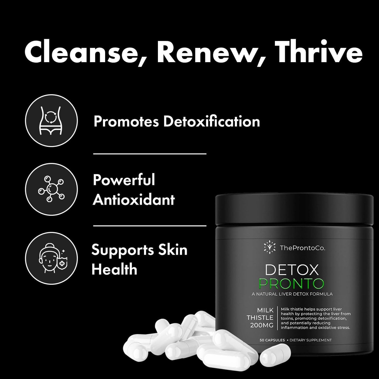 Detox Pronto Milk Thistle Supplement - Liver Detox Formula, 200mg Capsules, 50 Count