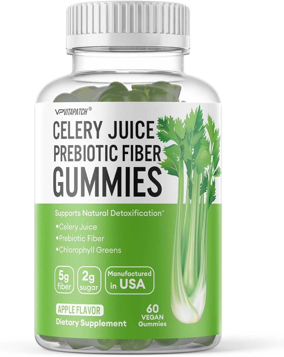 Detox Support Celery Juice Fiber Gummies for Adults - Super Greens Boost with Chlorophyll & Prebiotic Fiber - 60 Count