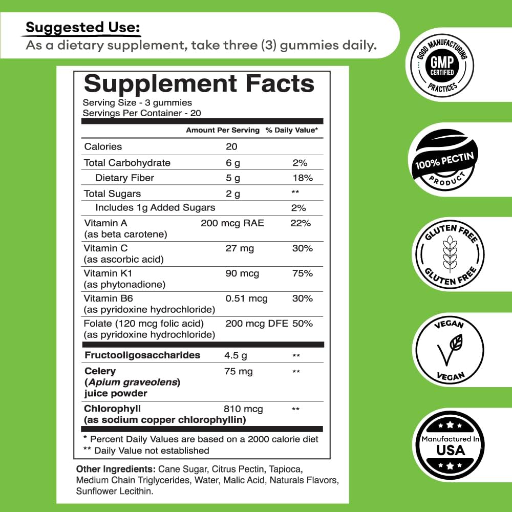 Detox Support Celery Juice Fiber Gummies for Adults - Super Greens Boost with Chlorophyll & Prebiotic Fiber - 60 Count