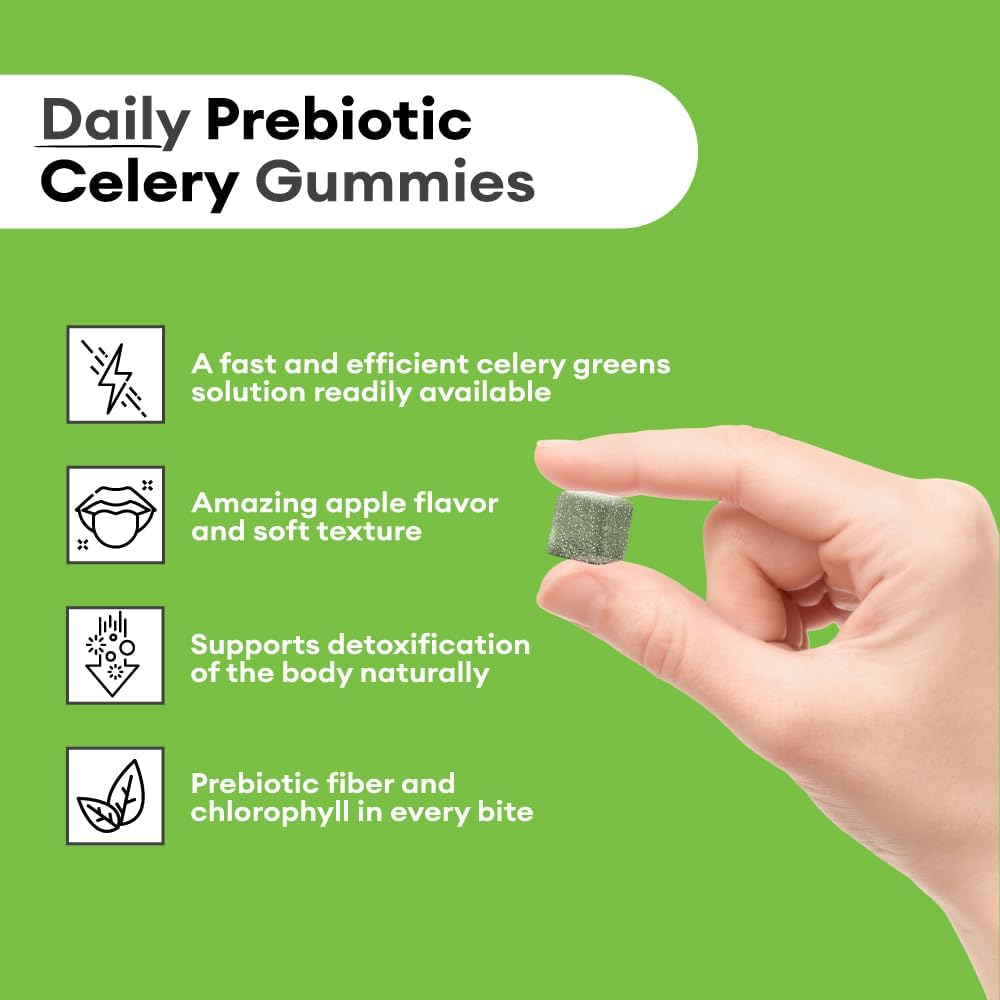 Detox Support Celery Juice Fiber Gummies for Adults - Super Greens Boost with Chlorophyll & Prebiotic Fiber - 60 Count