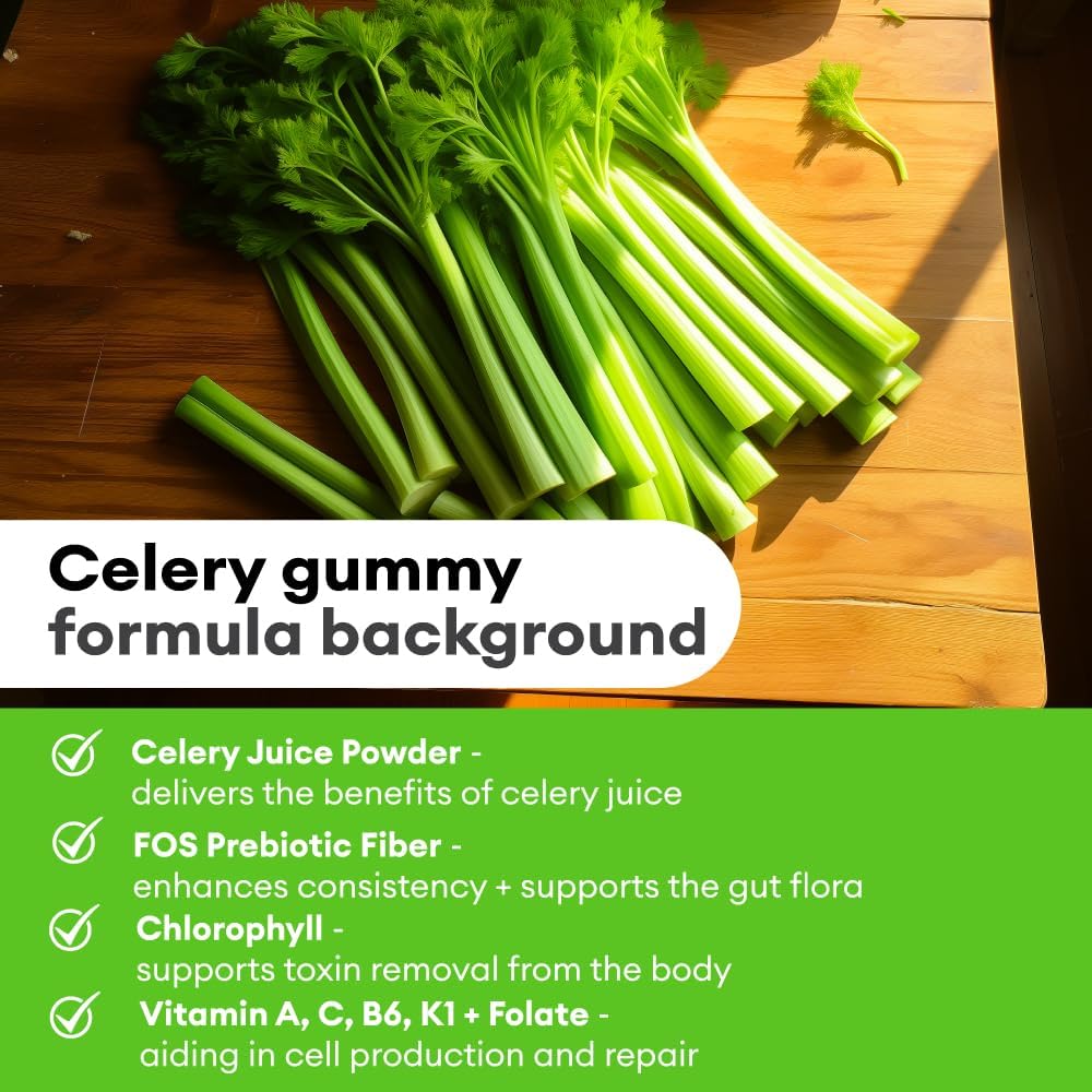 Detox Support Celery Juice Fiber Gummies for Adults - Super Greens Boost with Chlorophyll & Prebiotic Fiber - 60 Count