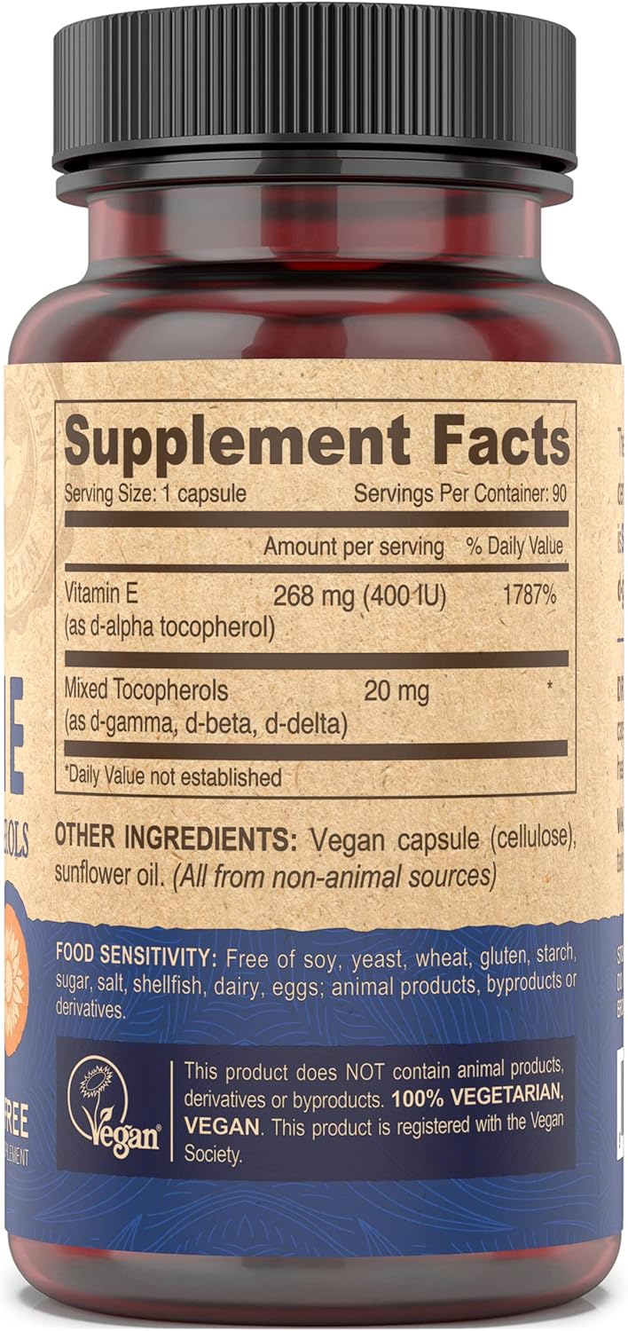 DEVA Vegan Vitamin E 400IU Capsules with Mixed Tocopherols - Immune System & Skin Support, Antioxidant, Gluten-Free, Dairy-Free, Non-GMO - 90 Count