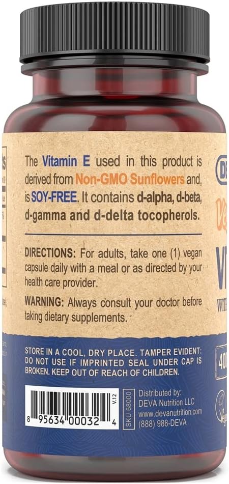 Deva Vegan Vitamins Vitamin E Supplement with Tocopherols, 400 IU, Vegan Formula