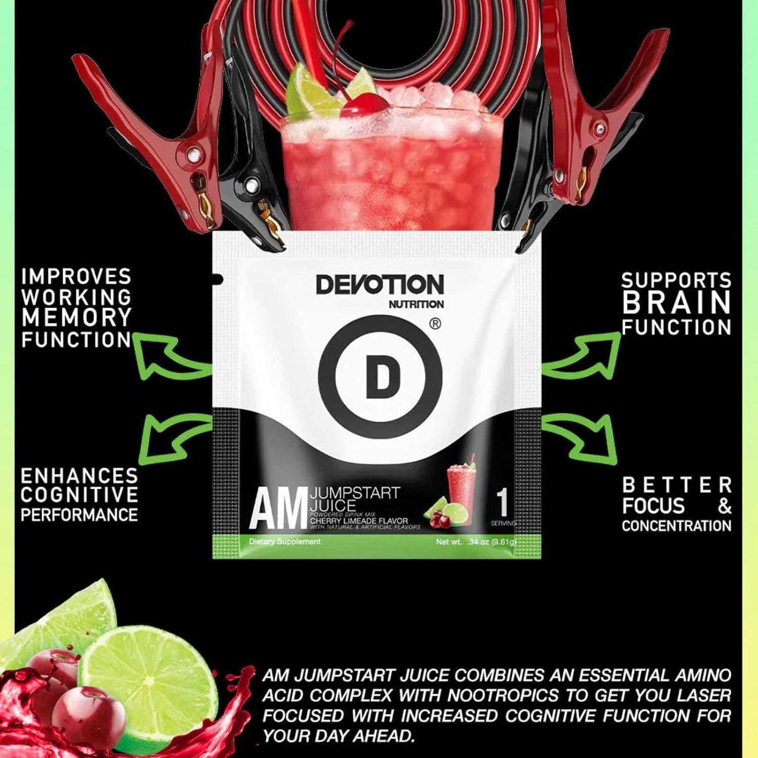 Devotion Nutrition AM JumpStart Juice Powdered Drink Mix - Cherry Limeade Flavor - Cognitive Function & Focus Support - 30 Servings