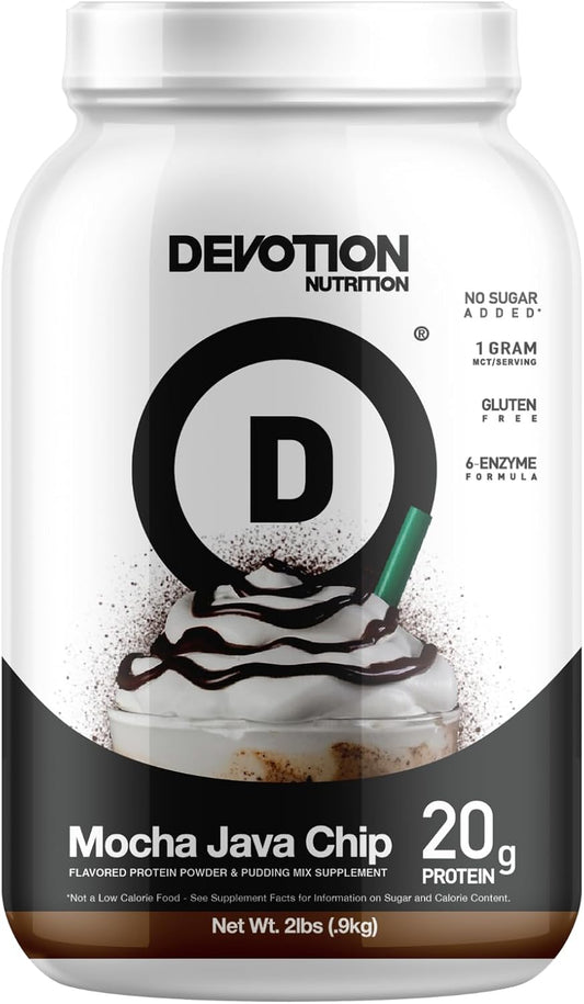 Devotion Nutrition Mocha Java Chip Protein Powder Blend - Gluten Free, Keto Friendly, No Added Sugars - 20g Whey & Micellar Protein - 1g MCT - 2lb Tub