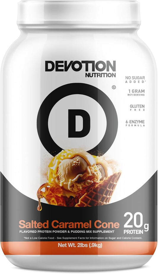 Devotion Nutrition Salted Caramel Cone Protein Powder Blend | Gluten Free, Keto Friendly, 1g MCT, 20g Whey & Micellar Protein | No Added Sugars | 2lb Tub