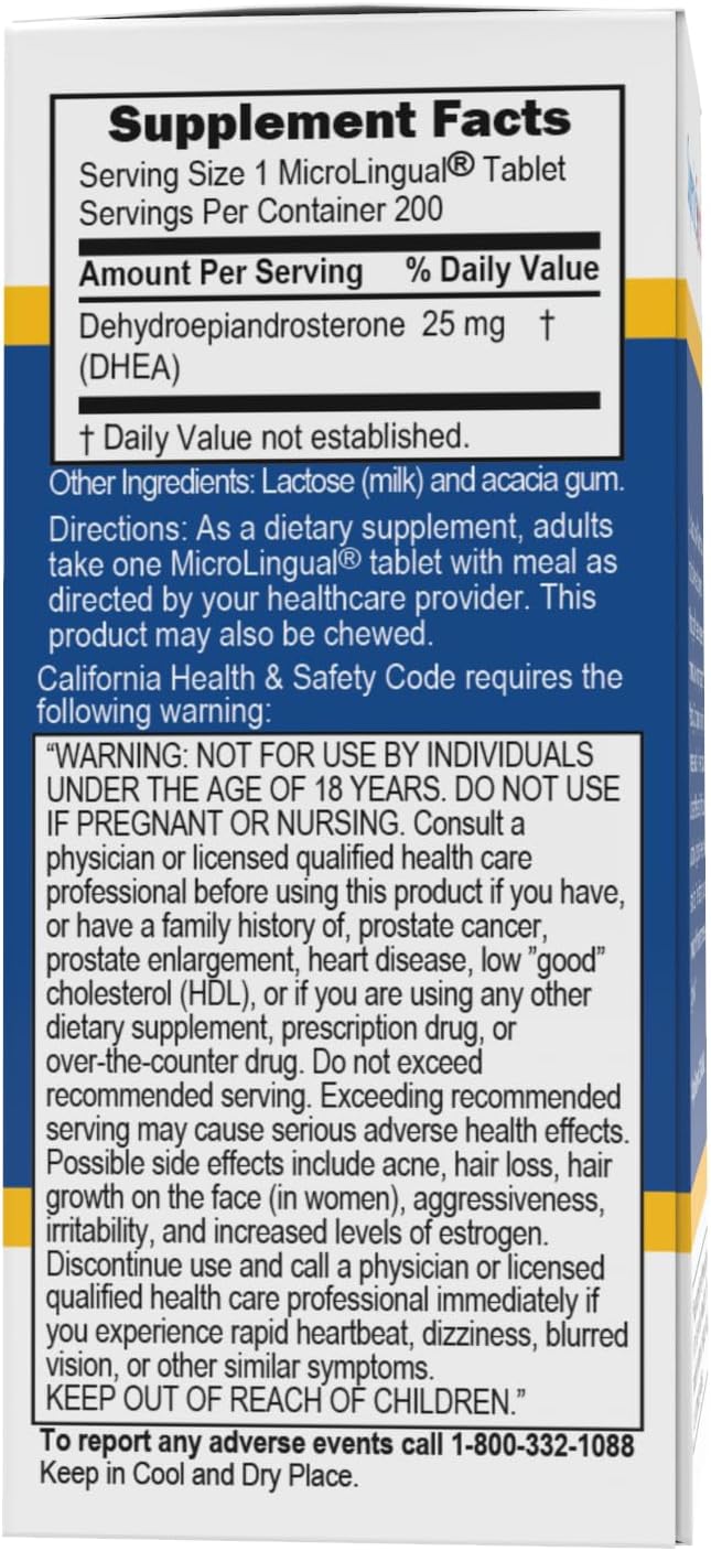 DHEA 25 mg Quick Dissolve Micro Tablets, 200 Count - Promotes Hormone Balance, Mood, Muscle Mass, Libido - Non-GMO - Men & Women
