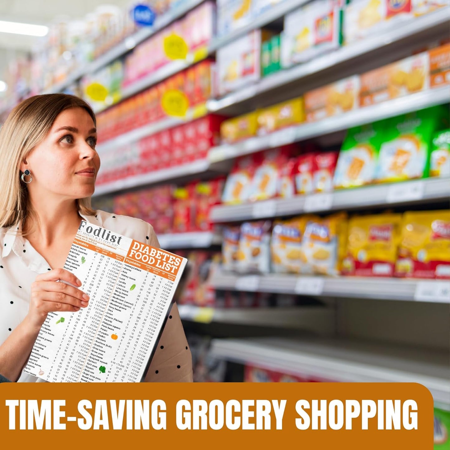 Diabetes-Friendly Grocery Shopping List: Calorie, Carb, and Glycemic Index Count for Blood Sugar Control - Pamphlet, Laminated
