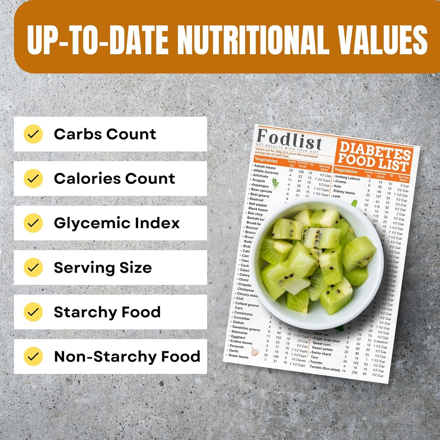 Diabetes-Friendly Grocery Shopping List: Calorie, Carb, and Glycemic Index Count for Blood Sugar Control - Pamphlet, Laminated