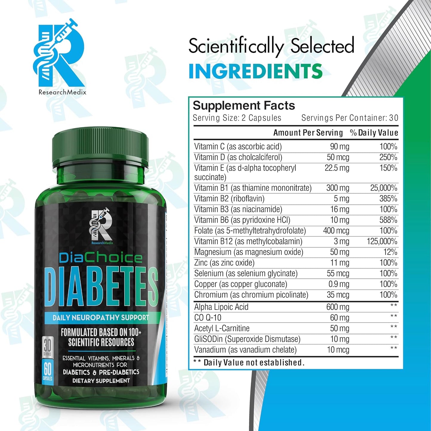 DiaChoice Neuropathy Support with Alpha Lipoic Acid 600mg for Nerve Health & Function - ALA, CoQ10, Magnesium, Zinc, B Vitamins, D, C, E & More