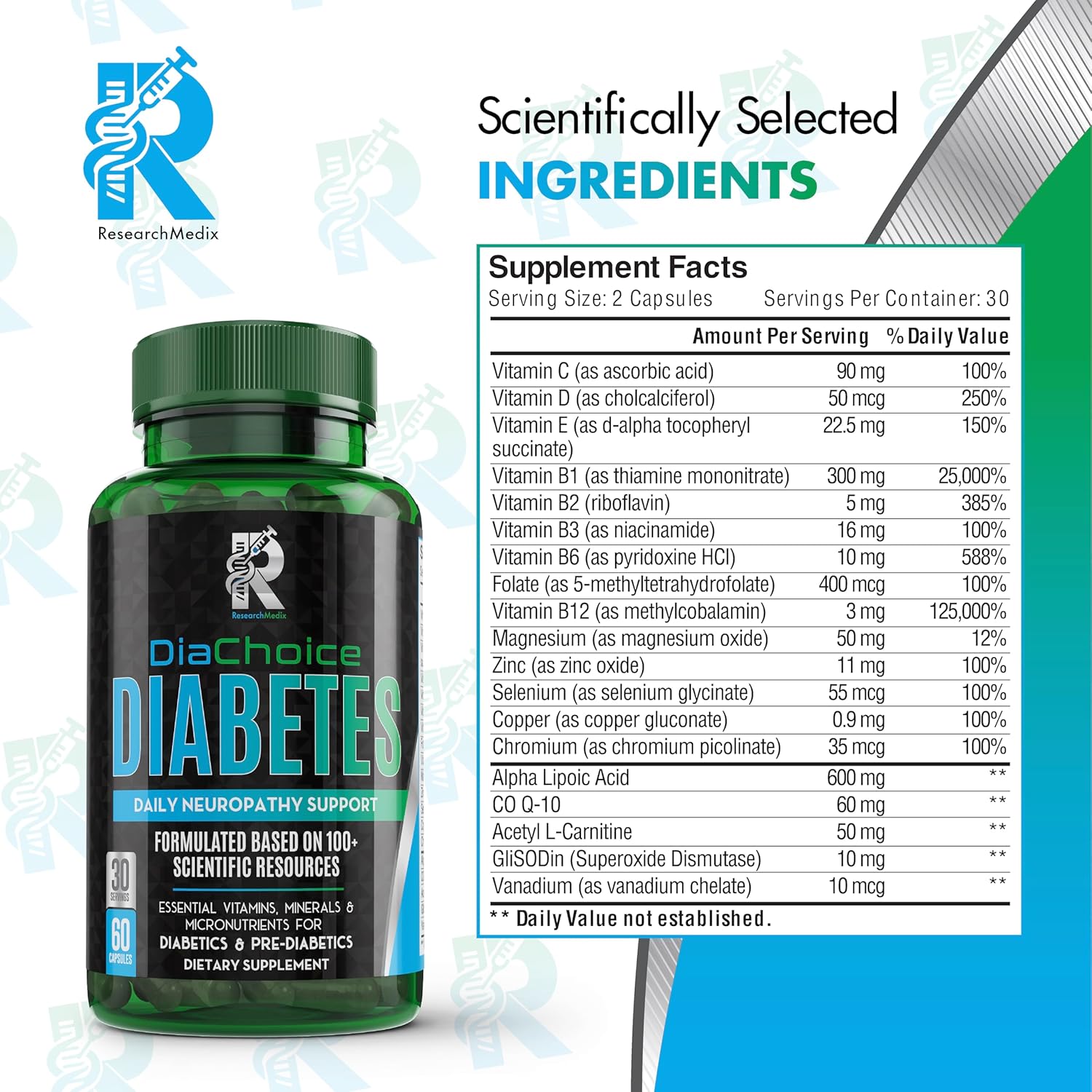 DiaChoice Neuropathy Support with Alpha Lipoic Acid 600mg for Nerve Health & Function - ALA, CoQ10, Magnesium, Zinc, B Vitamins, D, C, E & More