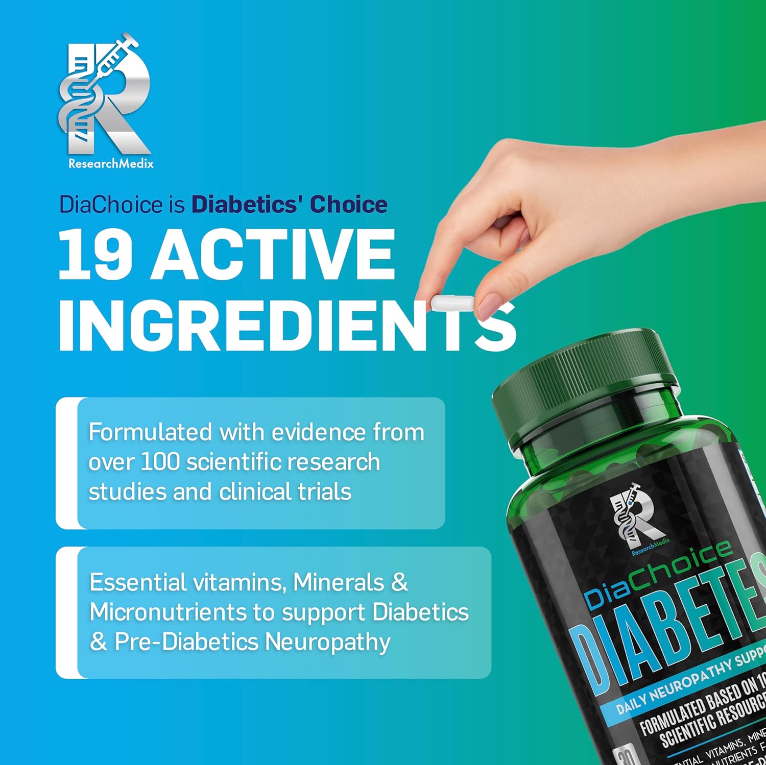 DiaChoice Neuropathy Support with Alpha Lipoic Acid 600mg for Nerve Health & Function - ALA, CoQ10, Magnesium, Zinc, B Vitamins, D, C, E & More