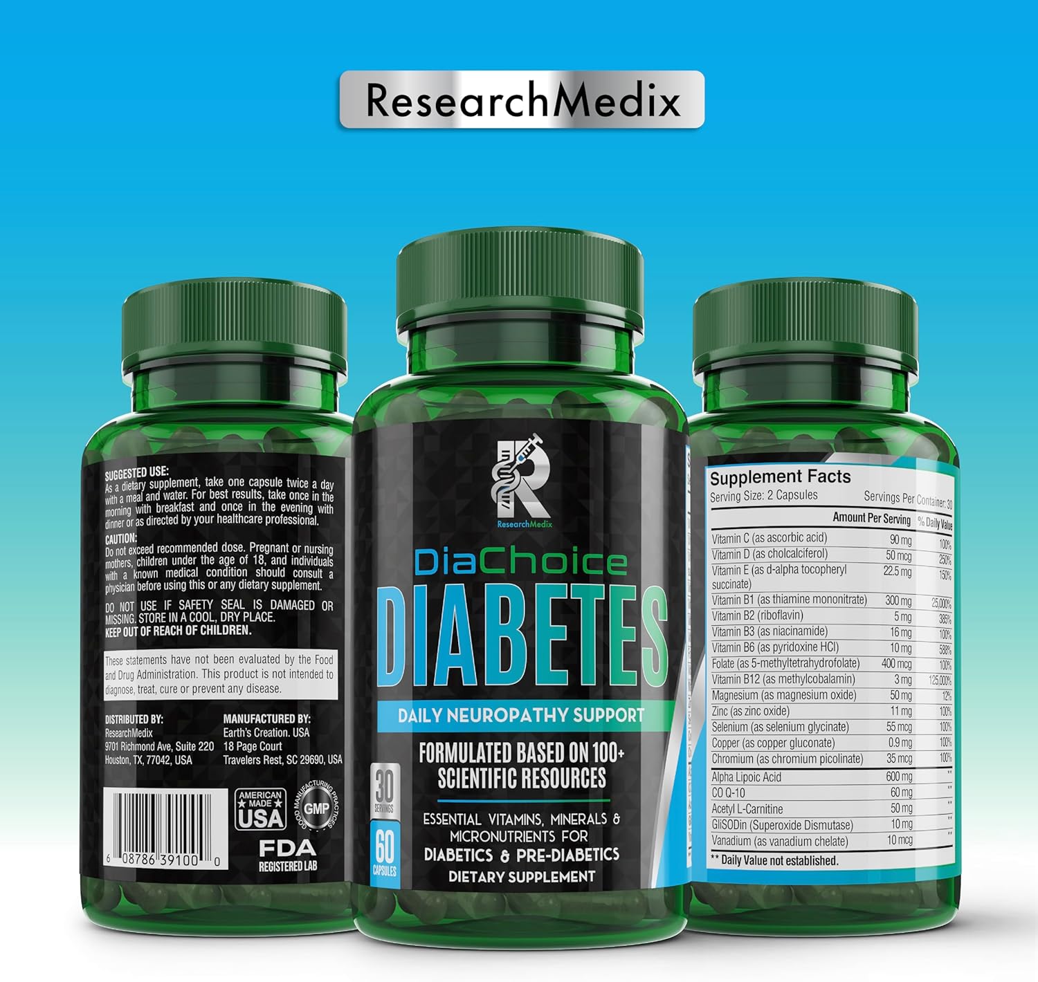 DiaChoice Neuropathy Support with Alpha Lipoic Acid 600mg for Nerve Health & Function - ALA, CoQ10, Magnesium, Zinc, B Vitamins, D, C, E & More