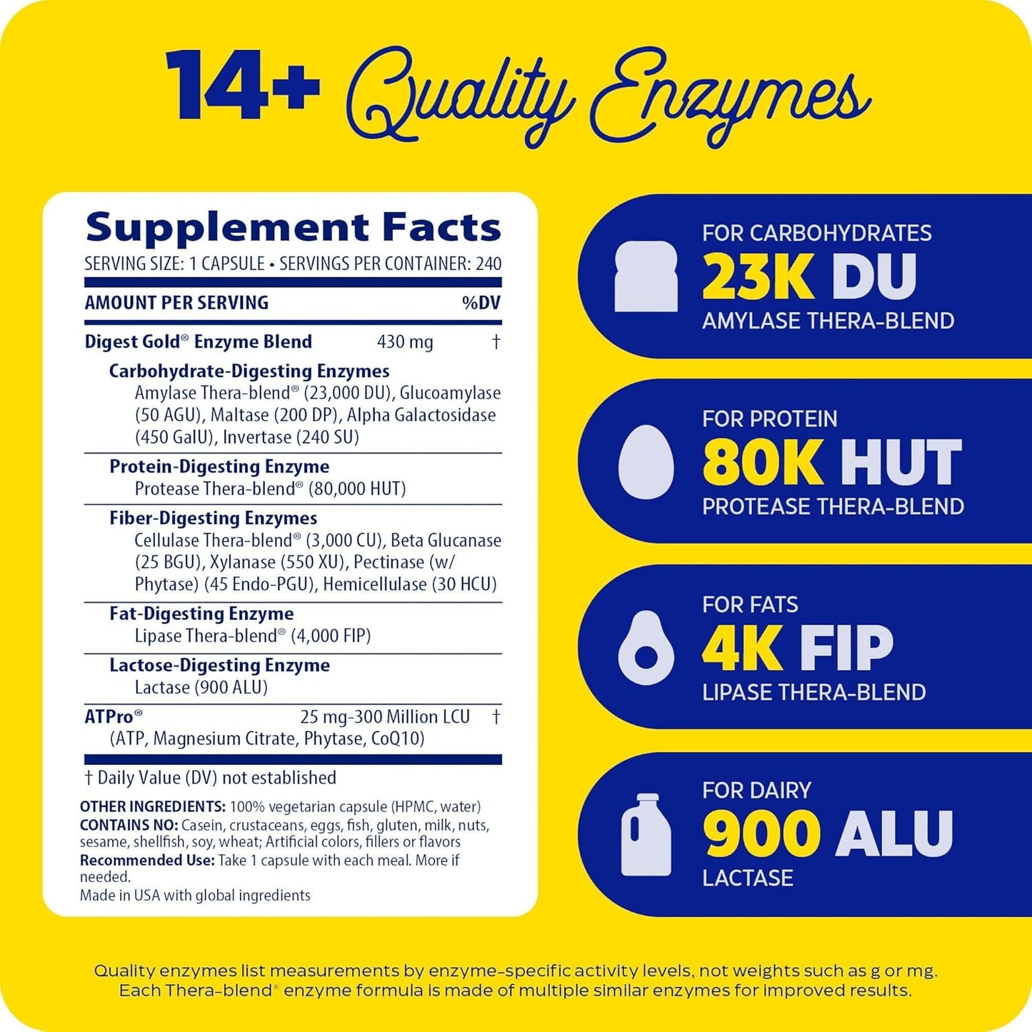 Digest Gold + ATPro Enzyme Supplement - Maximum Strength Formula for Digestive Health - Supports Digestion, Reduces Bloating & Gas - 240 Capsules