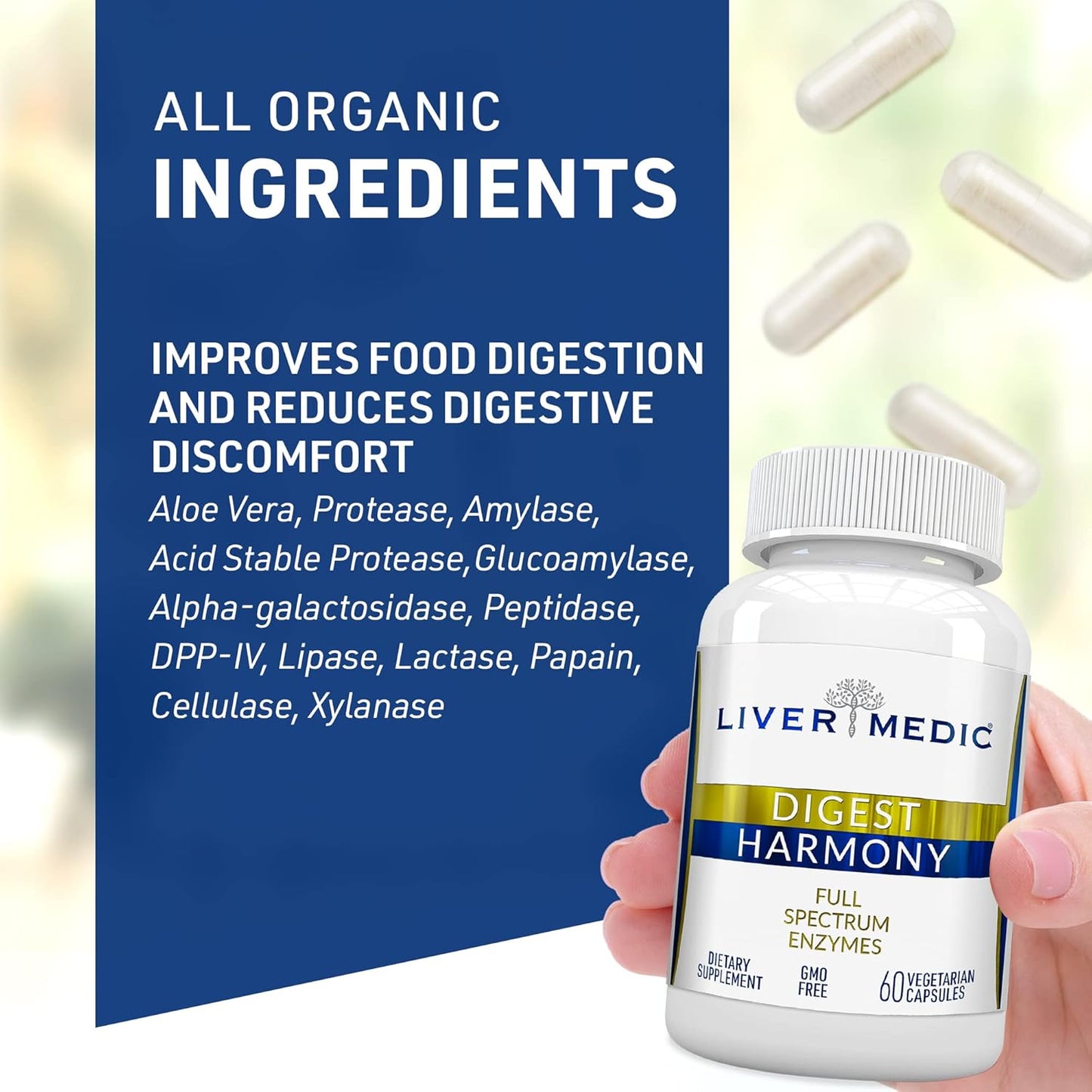 Digest Harmony Pure Digestive Enzymes for Gut Health - Papaya Enzymes for Digestion, Eases Bloating & Stomach Discomforts - Unflavored - 60 Capsules