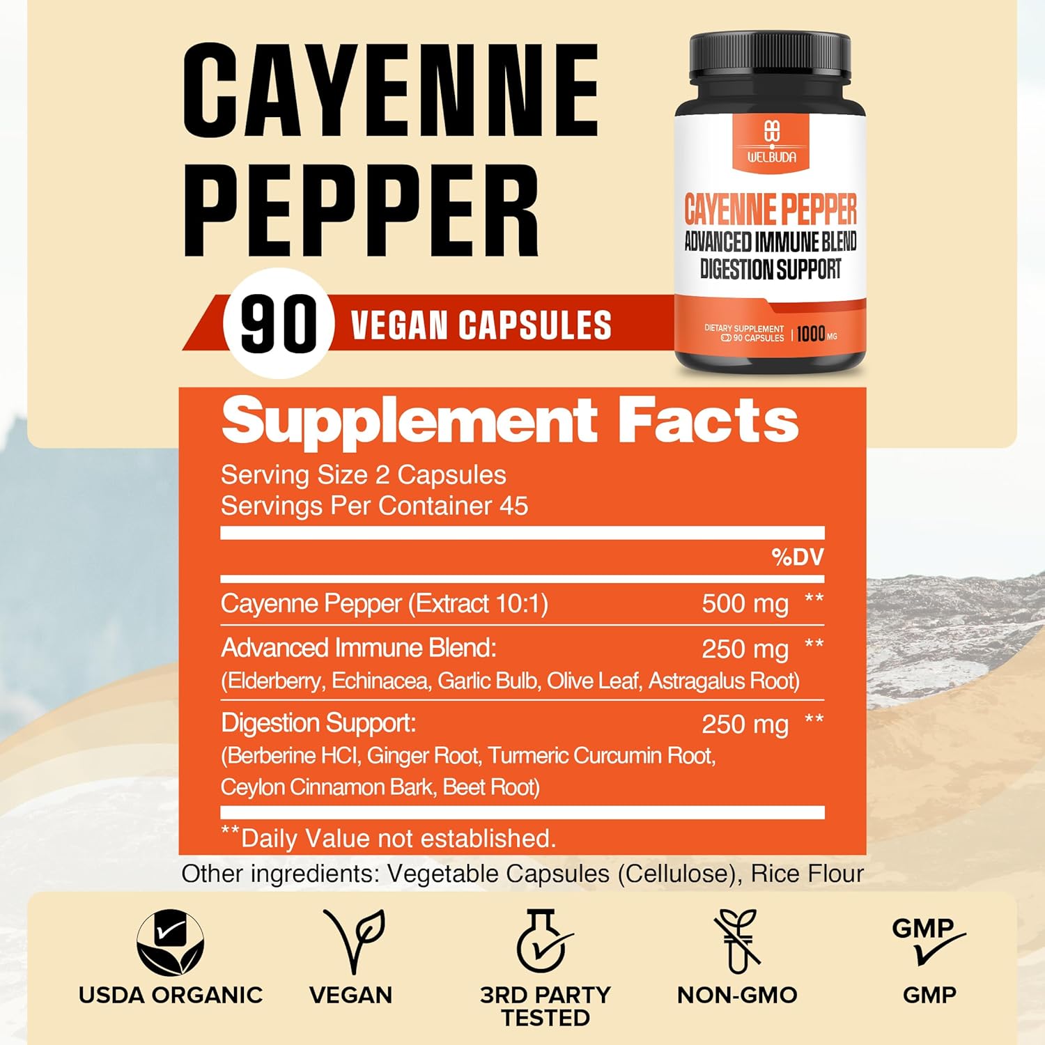 Digestion & Heart Health Support - 1000mg Cayenne Pepper Capsules with Elderberry, Echinacea, Berberine HCI - 90 Veggie Capsules