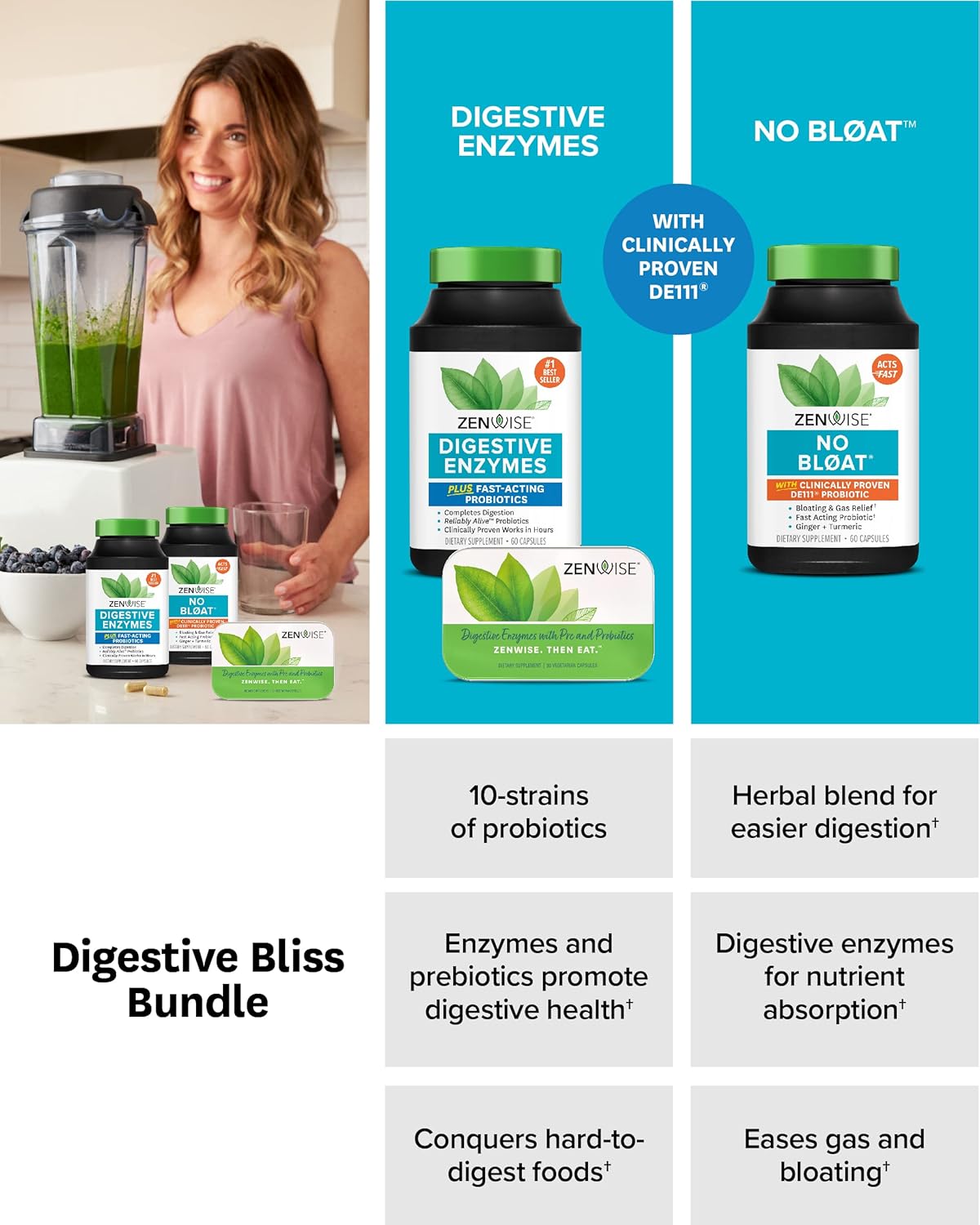 Digestive Bliss Bundle: Enzymes, No Bloat, Probiotics - Pre & Post Meal Digestive Health Kit