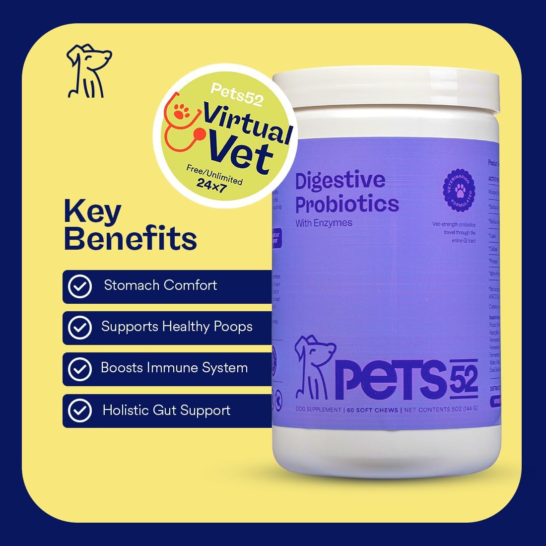 Digestive Dog Probiotics with Enzymes for Healthy Gut Flora - Immune Support - Stomach Comfort - Vet-Strength Formula - 30-Day Results